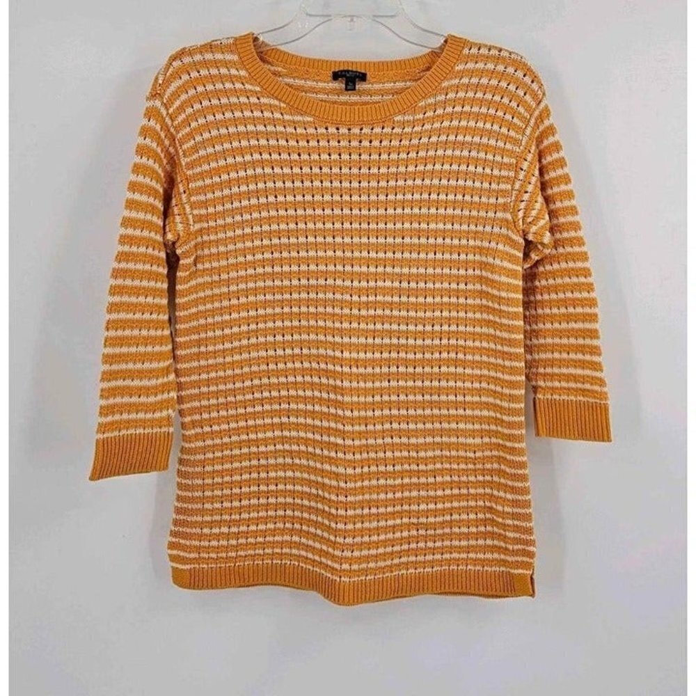 Talbots Mixed Yarn Yellow White Chic Jungle Stripe Open Knit Sweater Sz Sp